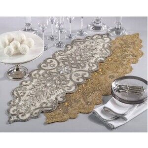 NWT SARO LIFESTYLE Beaded Scroll Motif Design Table Runner, 12" x38” Gold classy
